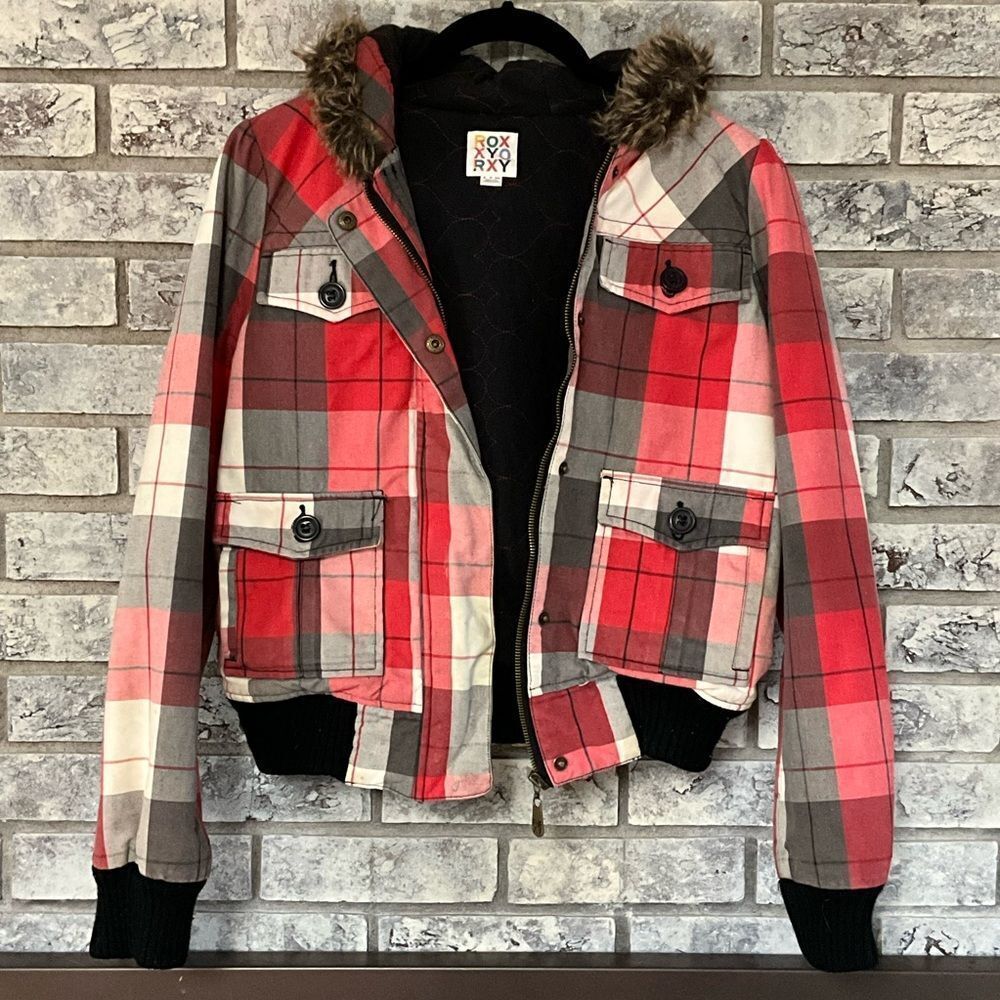 Roxy Red & Gray Plaid Bomber Jacket with Faux Fur Hood – Size S
